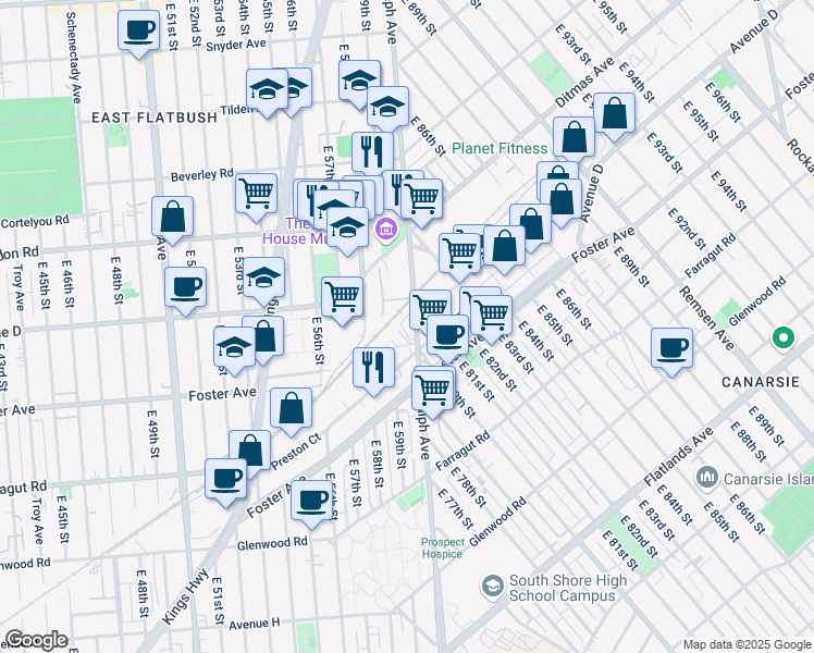 map of restaurants, bars, coffee shops, grocery stores, and more near 1414-1454 Ralph Avenue in Brooklyn