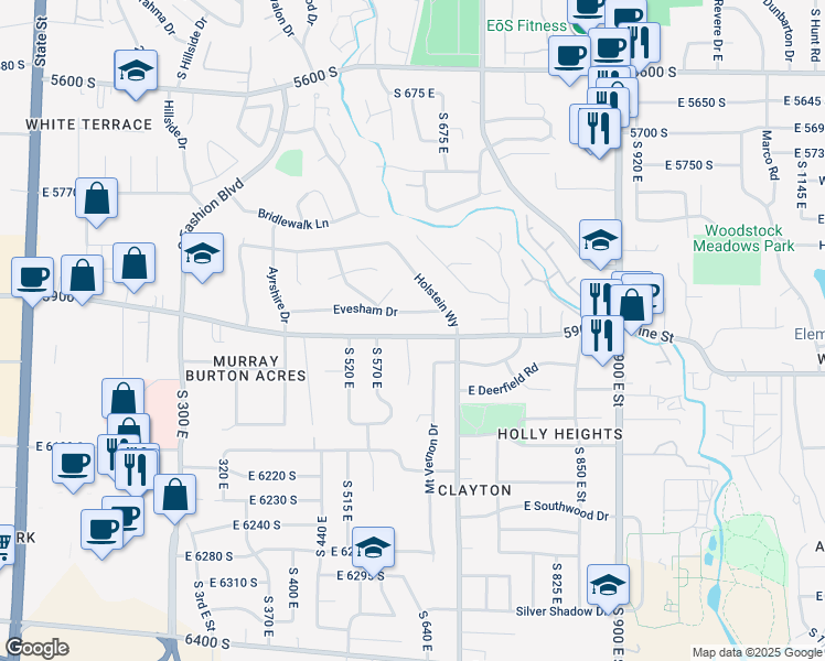 map of restaurants, bars, coffee shops, grocery stores, and more near 593 Evesham Drive in Murray
