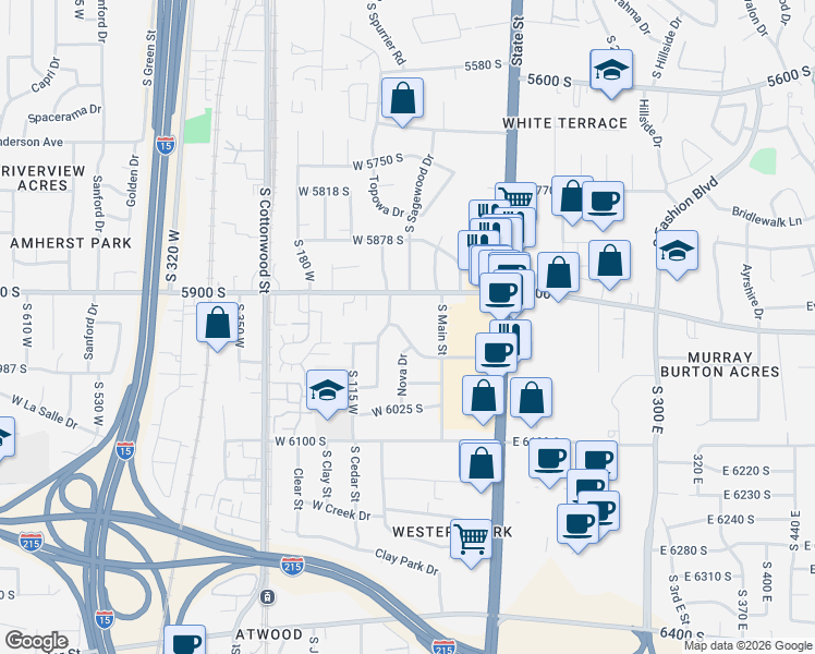 map of restaurants, bars, coffee shops, grocery stores, and more near 33 West 5900 South in Murray