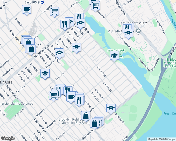 map of restaurants, bars, coffee shops, grocery stores, and more near 10405 Avenue L in Brooklyn