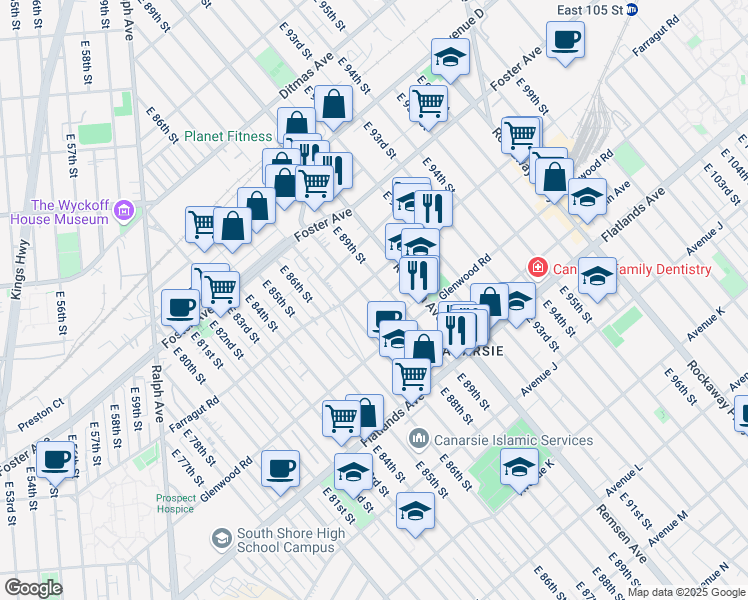 map of restaurants, bars, coffee shops, grocery stores, and more near 613 East 89th Street in Brooklyn