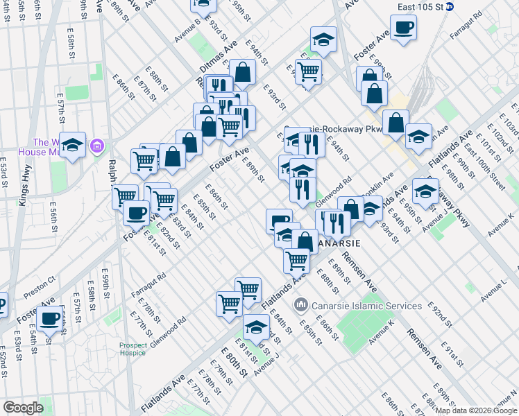 map of restaurants, bars, coffee shops, grocery stores, and more near 591 East 88th Street in Brooklyn