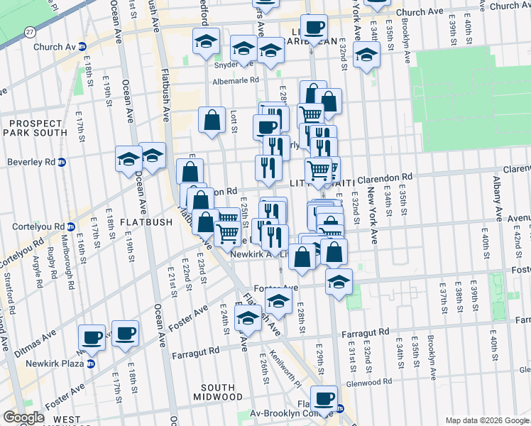 map of restaurants, bars, coffee shops, grocery stores, and more near 1119 Rogers Avenue in Brooklyn