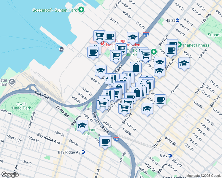 map of restaurants, bars, coffee shops, grocery stores, and more near 330 59th Street in Brooklyn