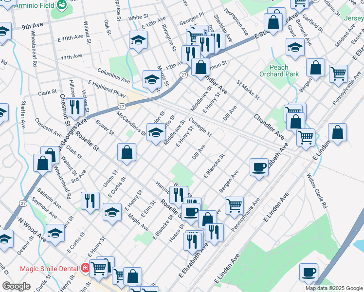 map of restaurants, bars, coffee shops, grocery stores, and more near 909 Lincoln Street in Linden