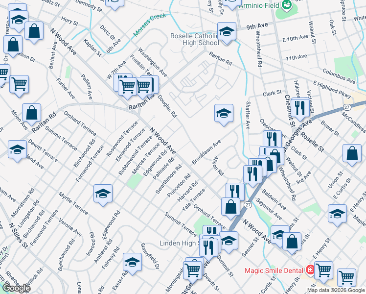 map of restaurants, bars, coffee shops, grocery stores, and more near 342 Douglas Road in Roselle