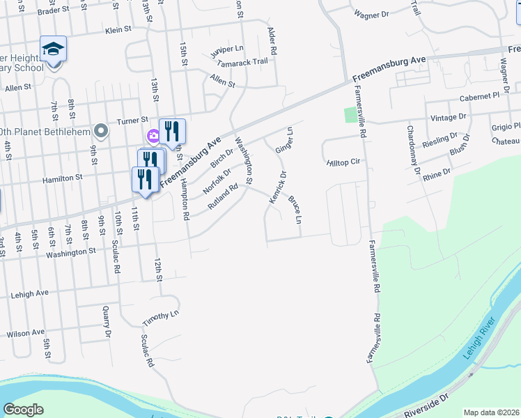 map of restaurants, bars, coffee shops, grocery stores, and more near 3955 Kenrick Drive in Bethlehem