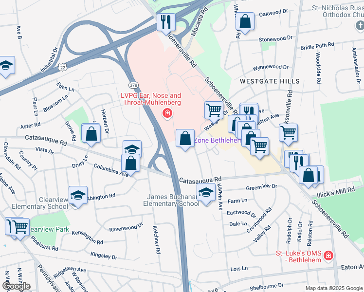 map of restaurants, bars, coffee shops, grocery stores, and more near 2085 Westgate Drive in Bethlehem