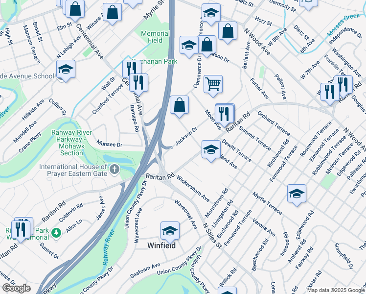 map of restaurants, bars, coffee shops, grocery stores, and more near 10 Jackson Drive in Cranford