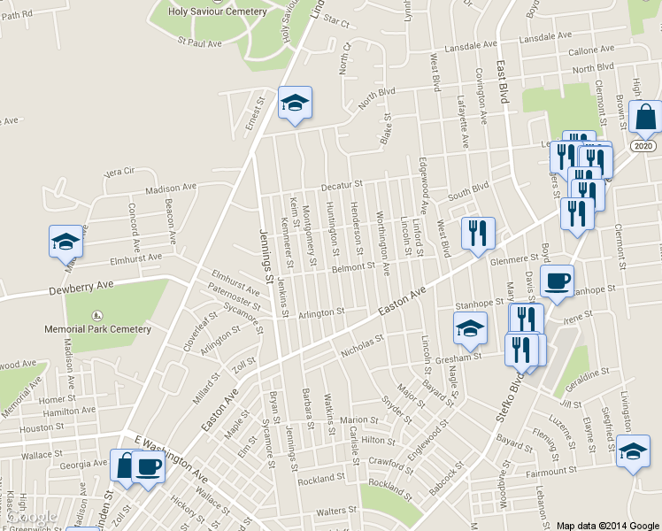 map of restaurants, bars, coffee shops, grocery stores, and more near 2103 Huntington Street in Bethlehem
