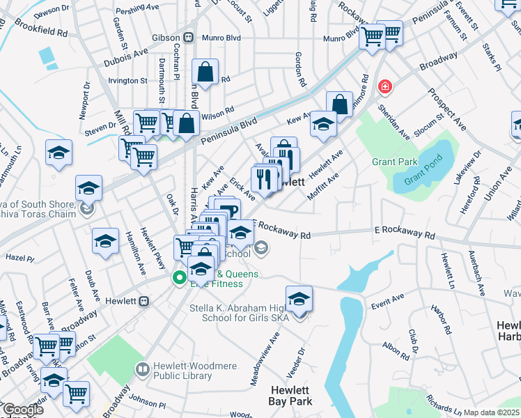 map of restaurants, bars, coffee shops, grocery stores, and more near 1449 Broadway in Hewlett