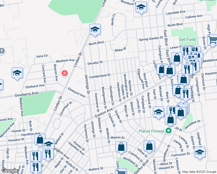 map of restaurants, bars, coffee shops, grocery stores, and more near 2103 Huntington Street in Bethlehem