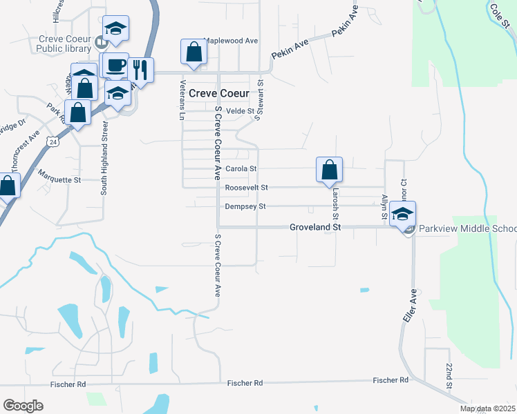 map of restaurants, bars, coffee shops, grocery stores, and more near 500 Dempsey Street in Creve Coeur