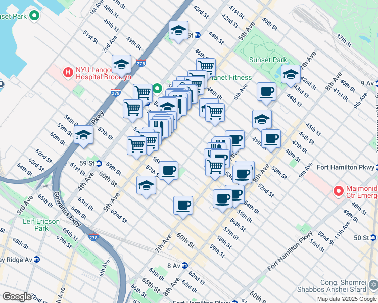 map of restaurants, bars, coffee shops, grocery stores, and more near 5314 6th Avenue in Brooklyn
