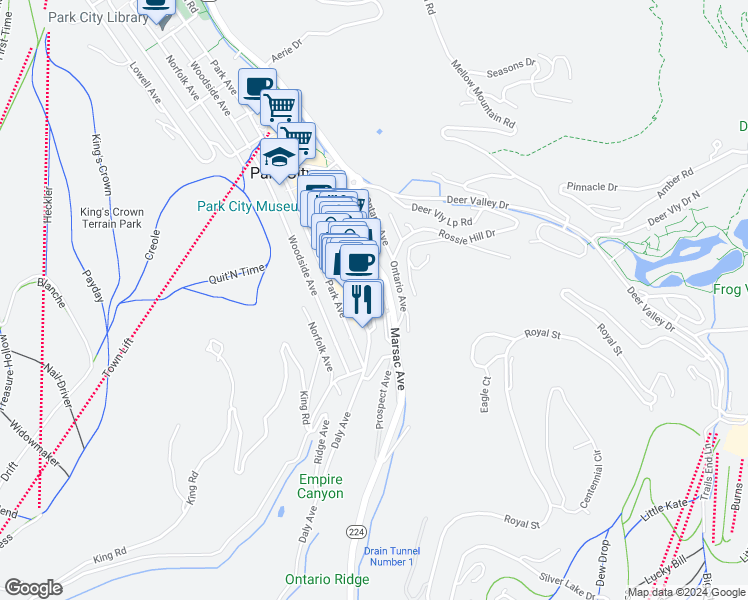 map of restaurants, bars, coffee shops, grocery stores, and more near 250 Grant Avenue in Park City