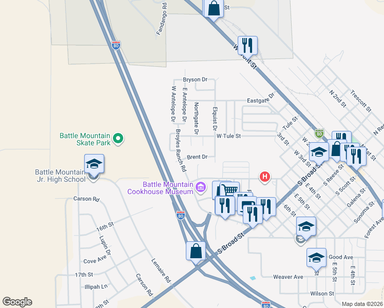 map of restaurants, bars, coffee shops, grocery stores, and more near 675 Brent Drive in Battle Mountain
