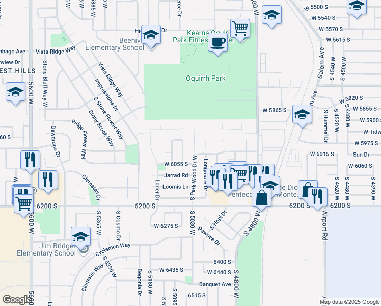 map of restaurants, bars, coffee shops, grocery stores, and more near 6022 South Park Wood Drive West in Salt Lake City