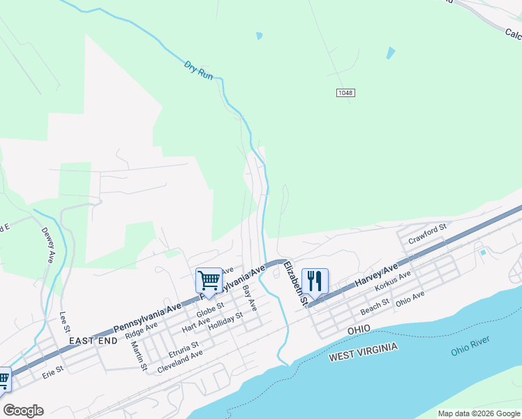 map of restaurants, bars, coffee shops, grocery stores, and more near 843 Valley Avenue in East Liverpool