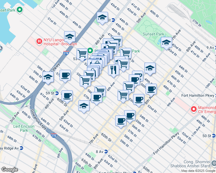 map of restaurants, bars, coffee shops, grocery stores, and more near 5314 6th Avenue in Brooklyn