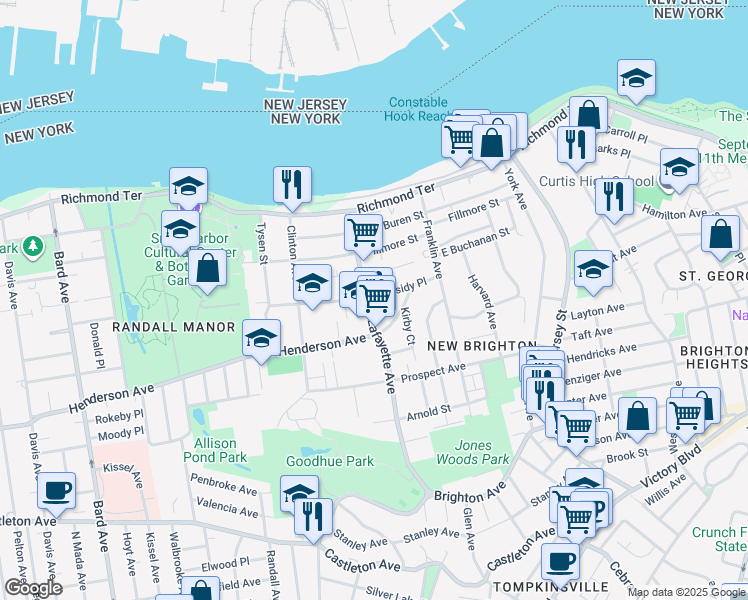 map of restaurants, bars, coffee shops, grocery stores, and more near 100 Lafayette Avenue in Staten Island