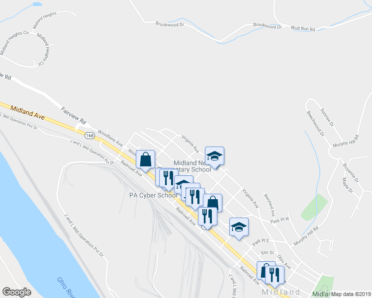 map of restaurants, bars, coffee shops, grocery stores, and more near 461 Ohio Avenue in Midland