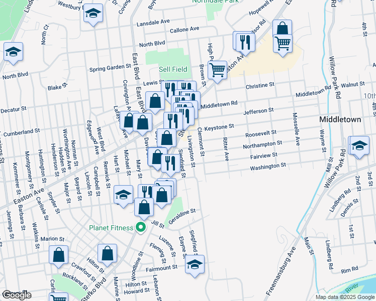 map of restaurants, bars, coffee shops, grocery stores, and more near 2031 Livingston Street in Bethlehem