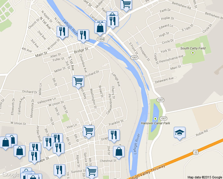 map of restaurants, bars, coffee shops, grocery stores, and more near 1213 Catasauqua Road in Whitehall