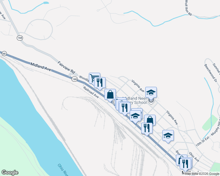 map of restaurants, bars, coffee shops, grocery stores, and more near 318 Penn Avenue in Midland