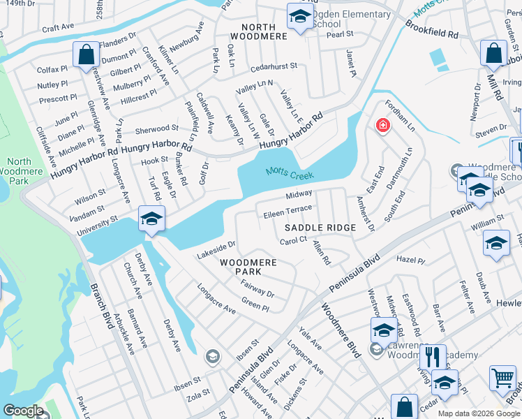 map of restaurants, bars, coffee shops, grocery stores, and more near 906 Midway in Woodmere