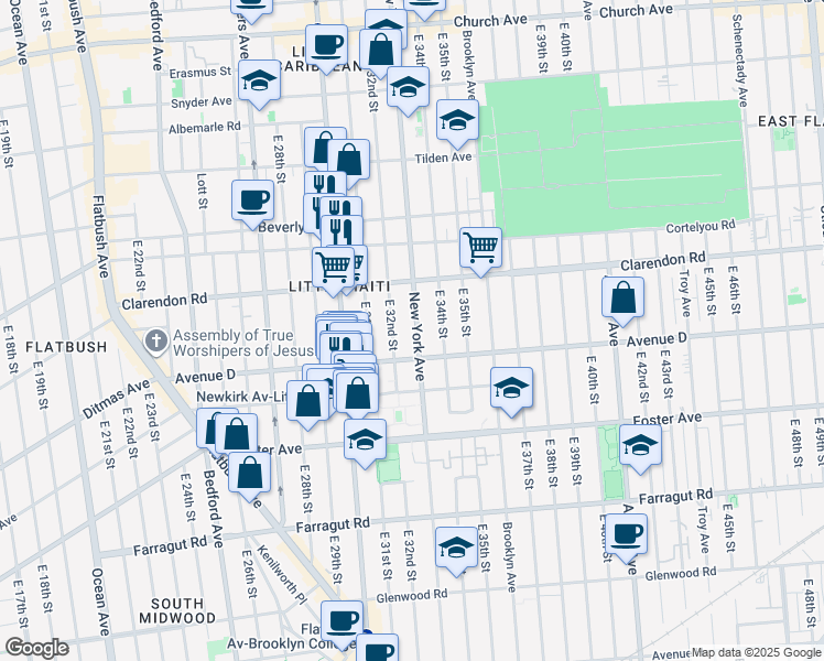 map of restaurants, bars, coffee shops, grocery stores, and more near 1270 New York Avenue in Brooklyn