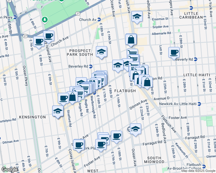 map of restaurants, bars, coffee shops, grocery stores, and more near 380 East 18th Street in Brooklyn