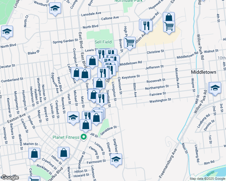map of restaurants, bars, coffee shops, grocery stores, and more near 2031 Livingston Street in Bethlehem