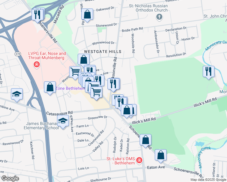map of restaurants, bars, coffee shops, grocery stores, and more near 2377 Jacksonville Road in Bethlehem