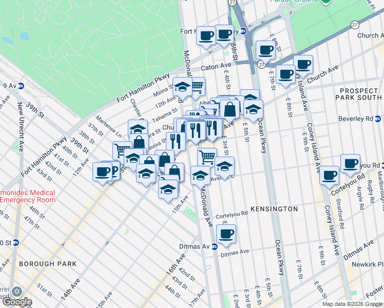 map of restaurants, bars, coffee shops, grocery stores, and more near 215 Dahill Road in Brooklyn