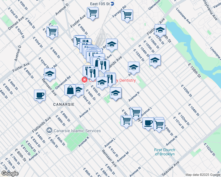 map of restaurants, bars, coffee shops, grocery stores, and more near 1585 Rockaway Parkway in Brooklyn