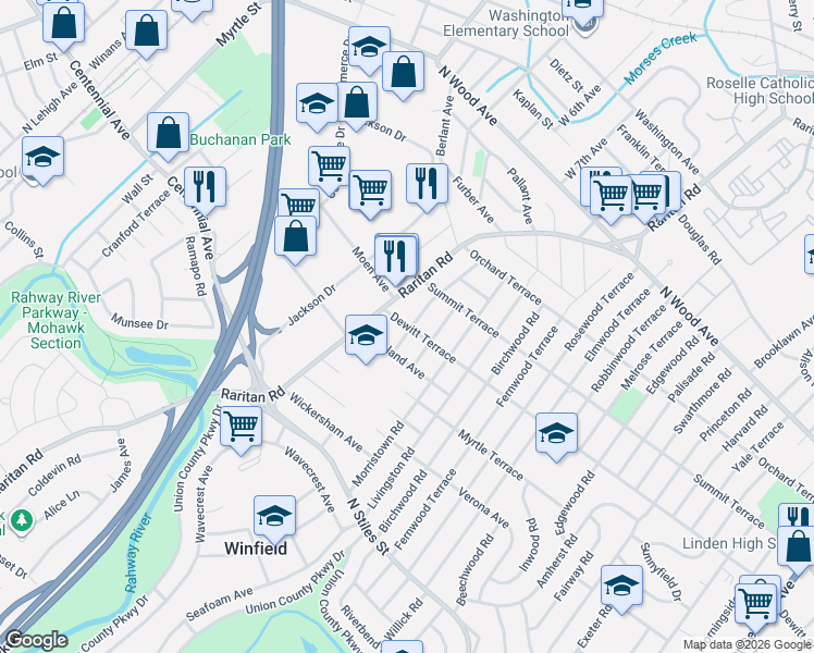 map of restaurants, bars, coffee shops, grocery stores, and more near 223 Springfield Road in Linden
