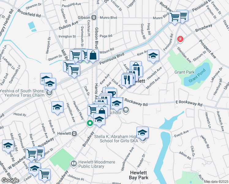 map of restaurants, bars, coffee shops, grocery stores, and more near 1379 Noel Avenue in Hewlett