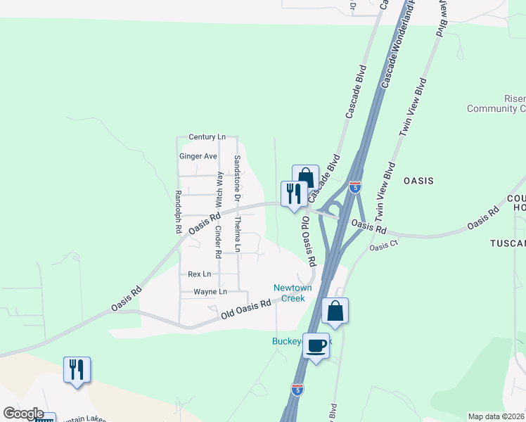 map of restaurants, bars, coffee shops, grocery stores, and more near 18600-18678 Oasis Road in Redding