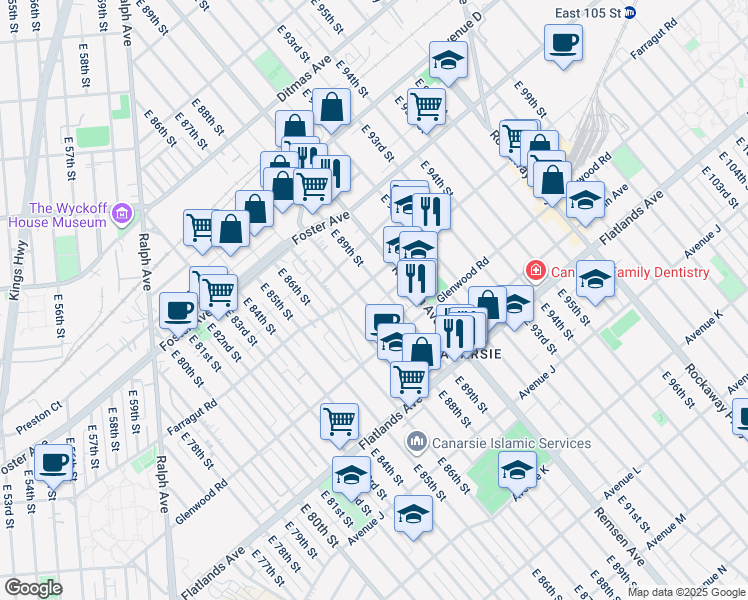 map of restaurants, bars, coffee shops, grocery stores, and more near 613 East 89th Street in Brooklyn