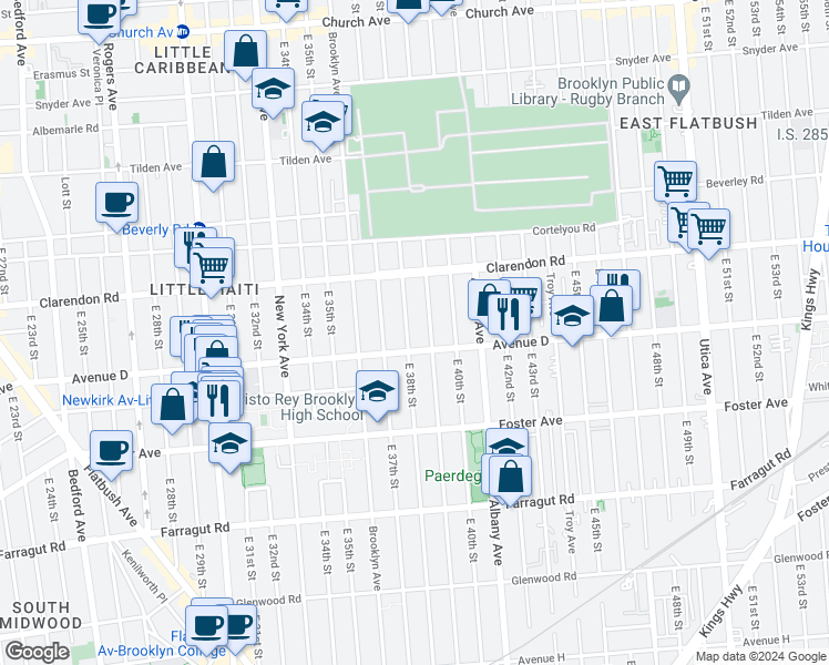 map of restaurants, bars, coffee shops, grocery stores, and more near 530 East 38th Street in Brooklyn