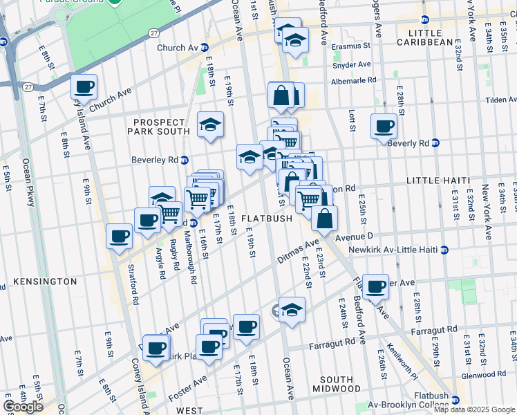 map of restaurants, bars, coffee shops, grocery stores, and more near 309 East 19th Street in Brooklyn