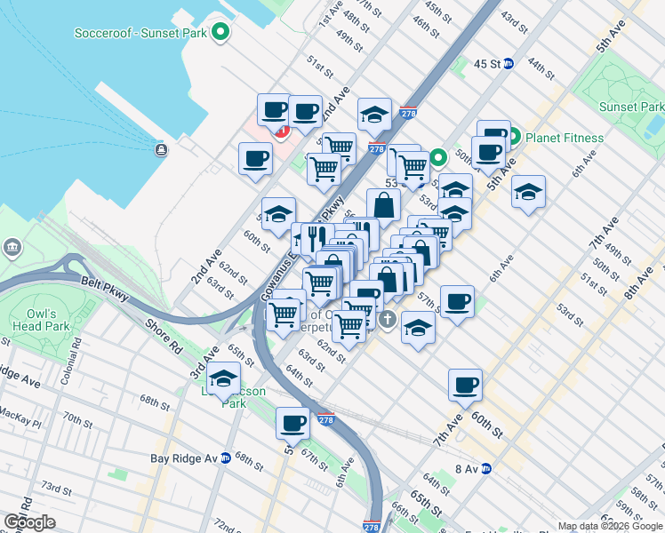 map of restaurants, bars, coffee shops, grocery stores, and more near 365 58th Street in Brooklyn