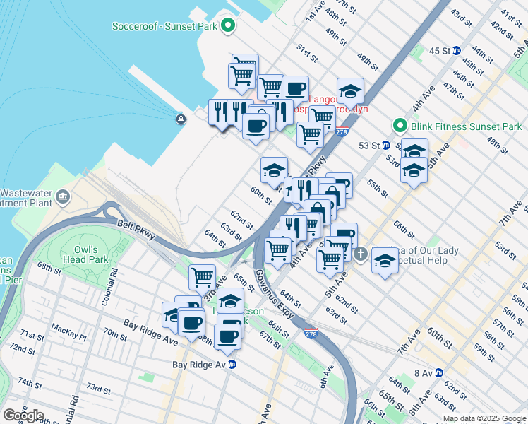 map of restaurants, bars, coffee shops, grocery stores, and more near 241 61st Street in Brooklyn