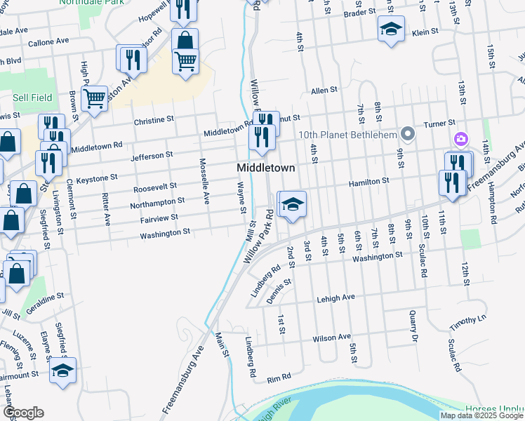 map of restaurants, bars, coffee shops, grocery stores, and more near 1907A Mill Street in Bethlehem