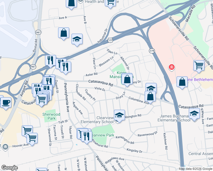 map of restaurants, bars, coffee shops, grocery stores, and more near 2140 Catasauqua Road in Bethlehem