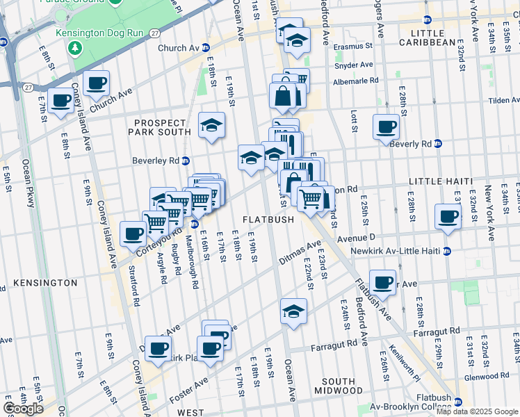 map of restaurants, bars, coffee shops, grocery stores, and more near 832 Ocean Avenue in Brooklyn