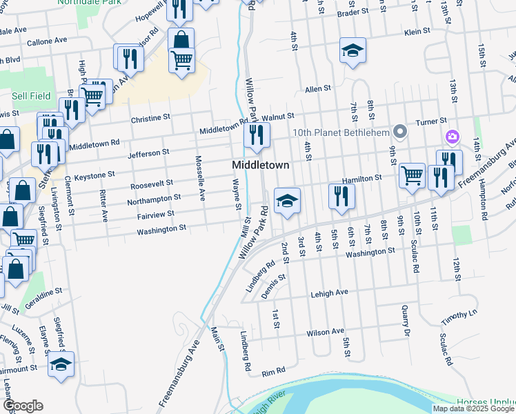 map of restaurants, bars, coffee shops, grocery stores, and more near 1907A Mill Street in Bethlehem