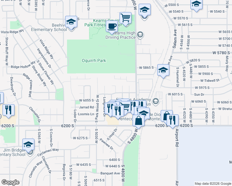 map of restaurants, bars, coffee shops, grocery stores, and more near 4938 West Coriander Drive in Kearns