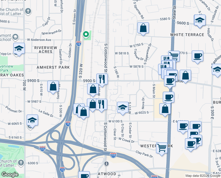 map of restaurants, bars, coffee shops, grocery stores, and more near 185 West 5900 South in Murray