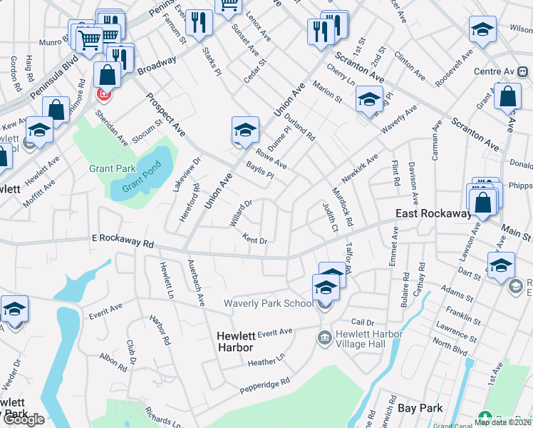 map of restaurants, bars, coffee shops, grocery stores, and more near 267 Willard Drive in Hewlett